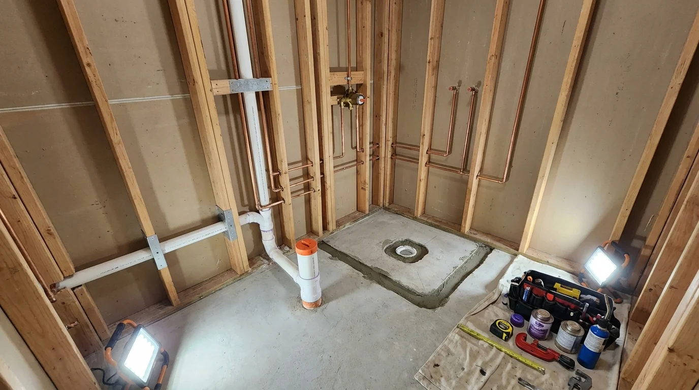 Bathroom rough-in plumbing during remodel by Johns Plumbing LLC in Edison