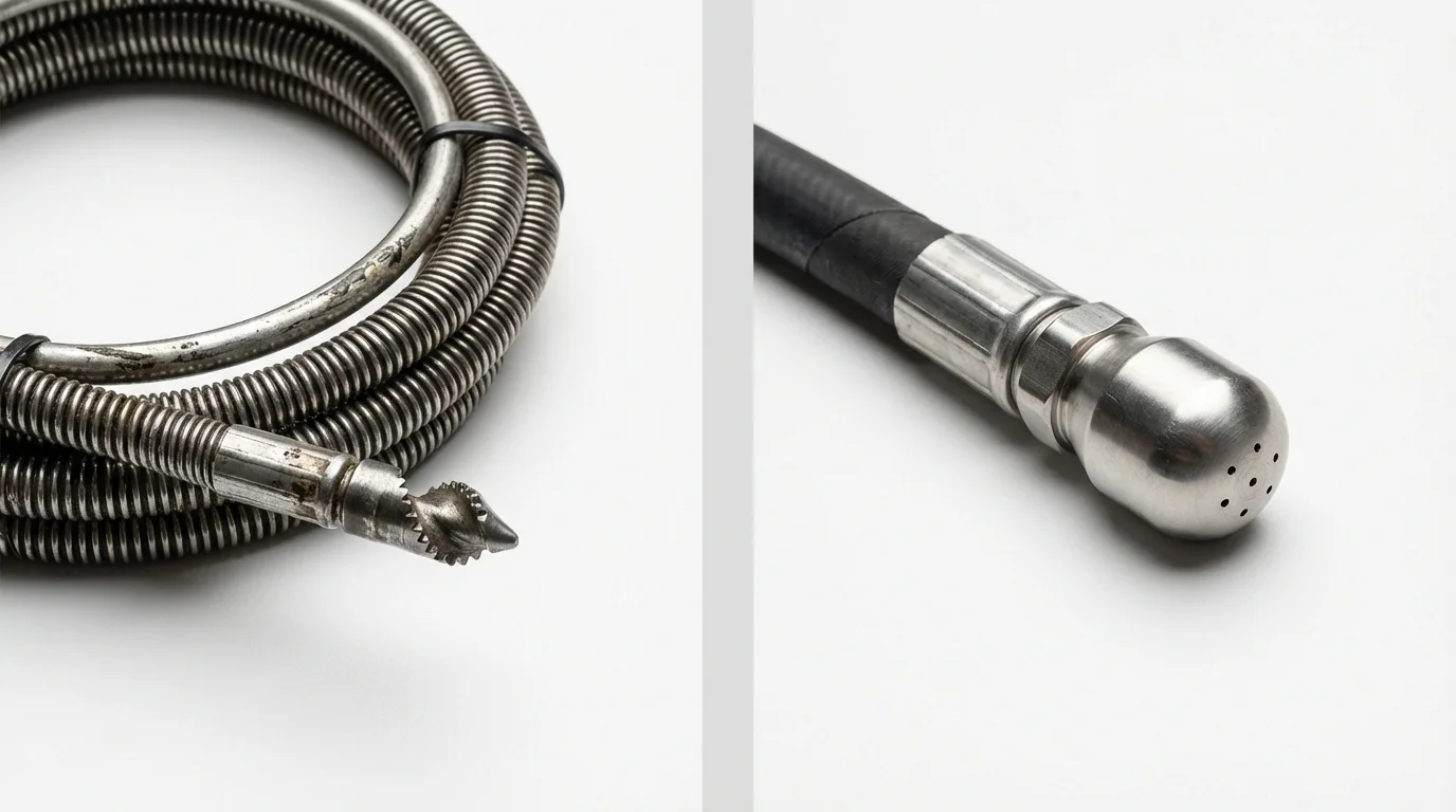 Drain snake cable and hydro jetting nozzle used for drain cleaning in Edison, GA