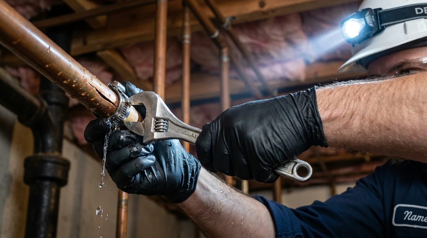 Emergency pipe clamp repair being performed by a Johns Plumbing LLC plumber in Edison