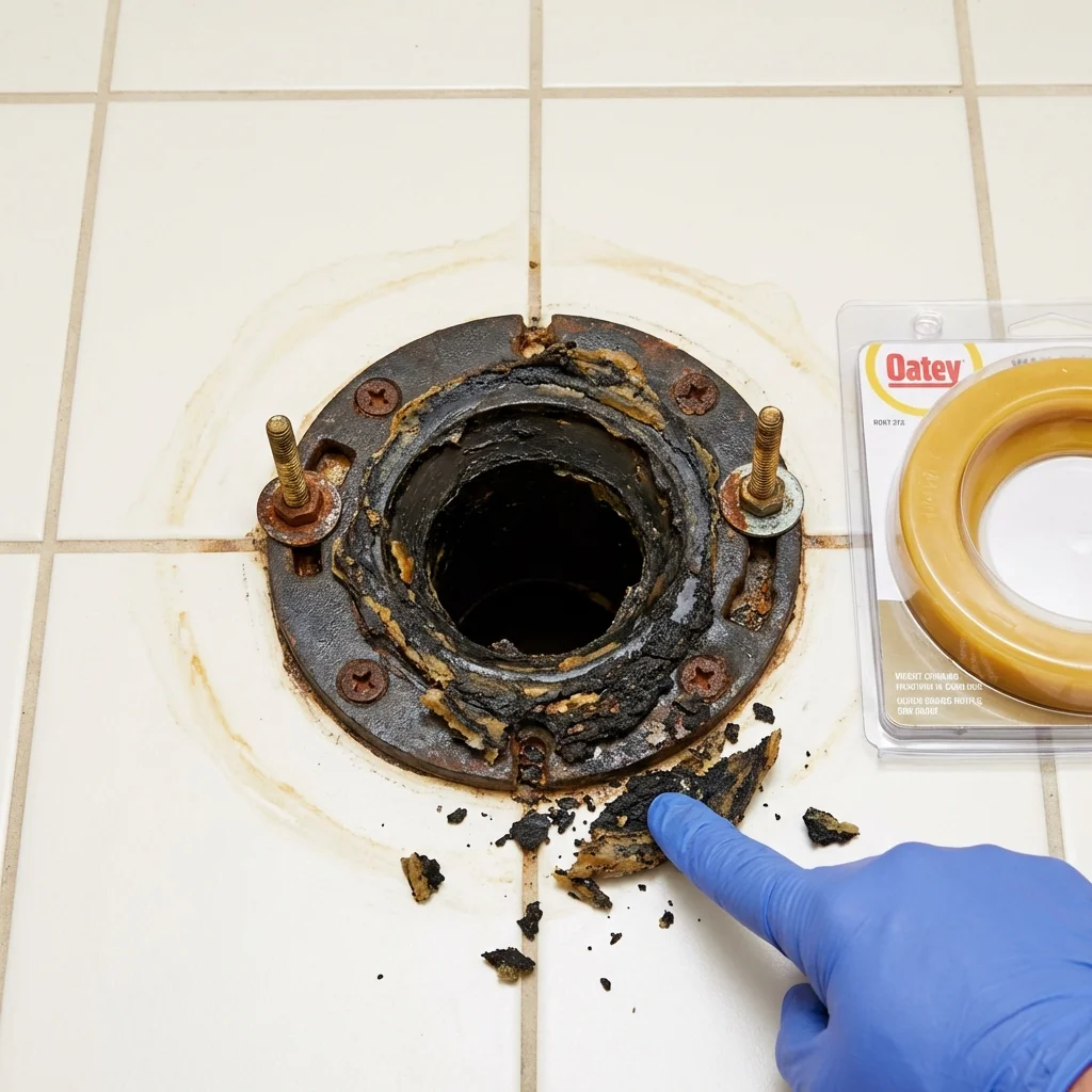 Failed wax ring showing water seepage at the base of a toilet in a Edison, GA home