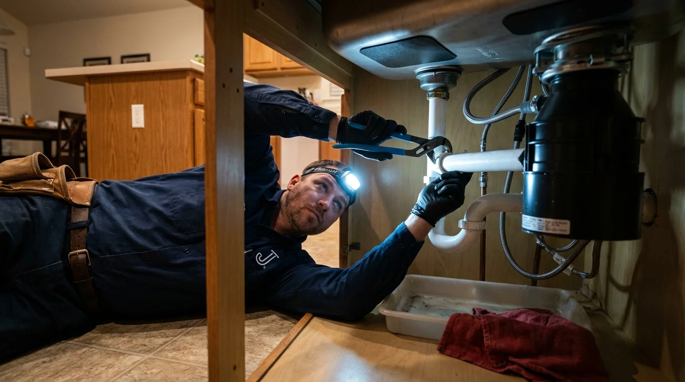 P-trap and supply line connections under a kitchen sink showing a common leak point in Edison, GA
